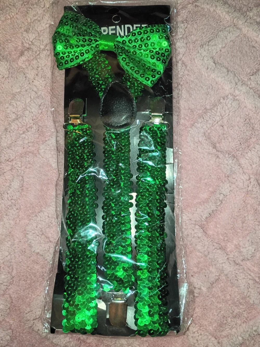 Green Shamrock Socks & Sequin Bow Tie Suspenders Set - Party Accessories NWT